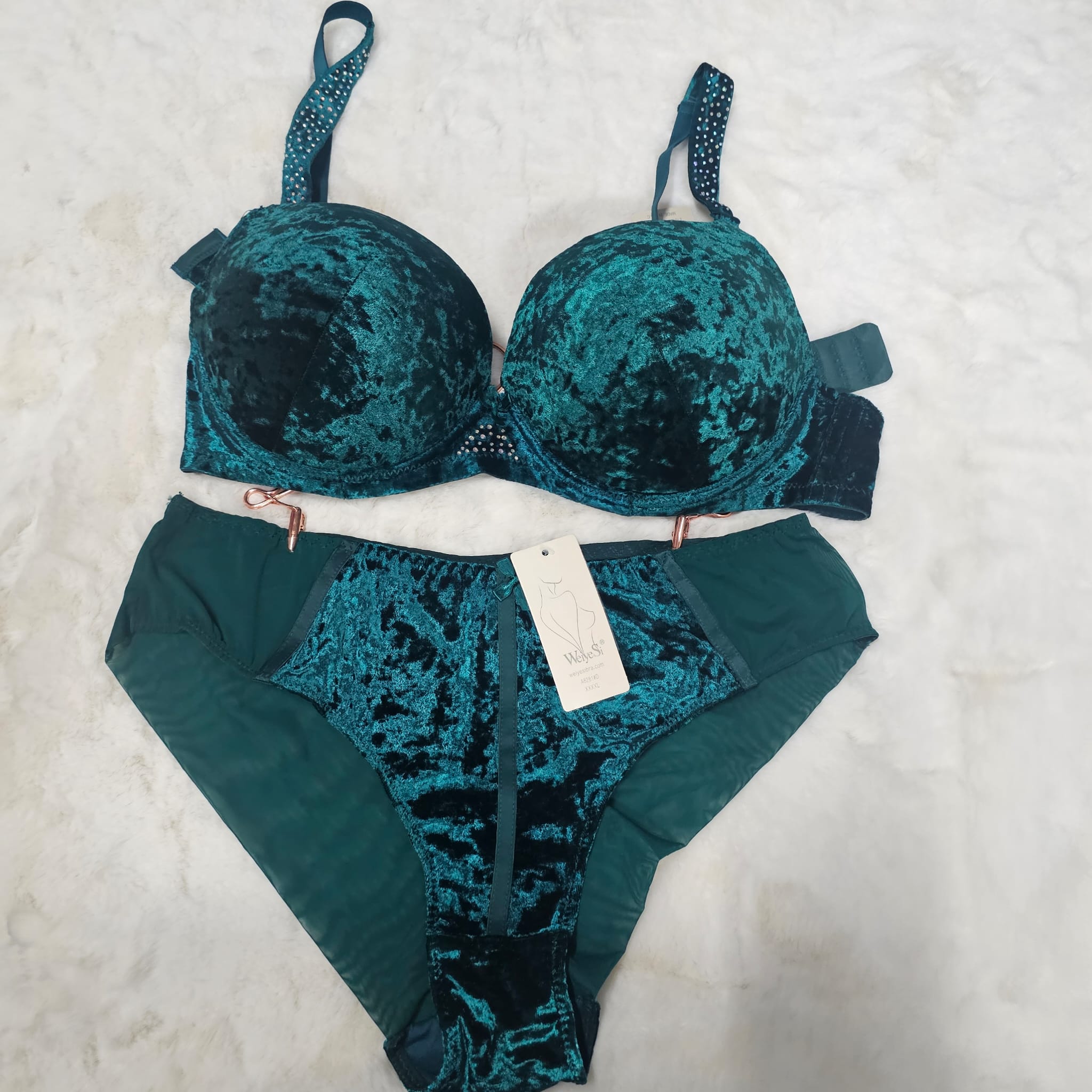 Coordinato in velluto saten francese bretelle strass