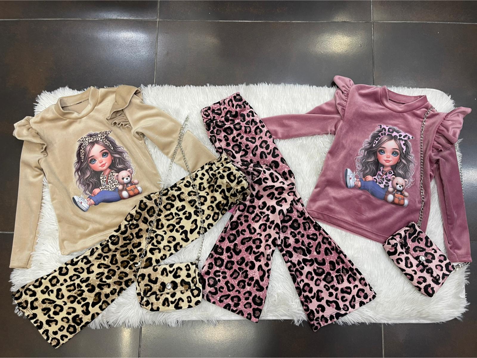 Completo bimba in ciniglia maculato con borsa e stampa