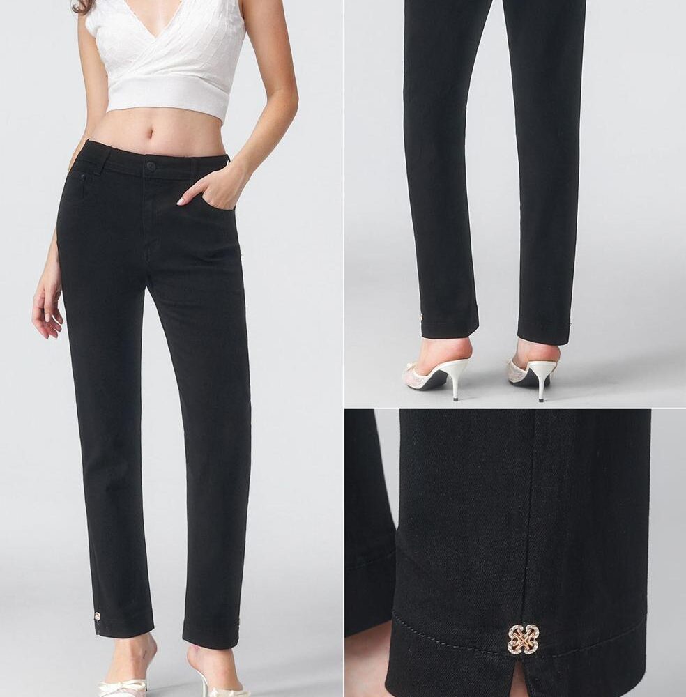 Jeans nero dettaglio fiore strass vita alta elastico - 56