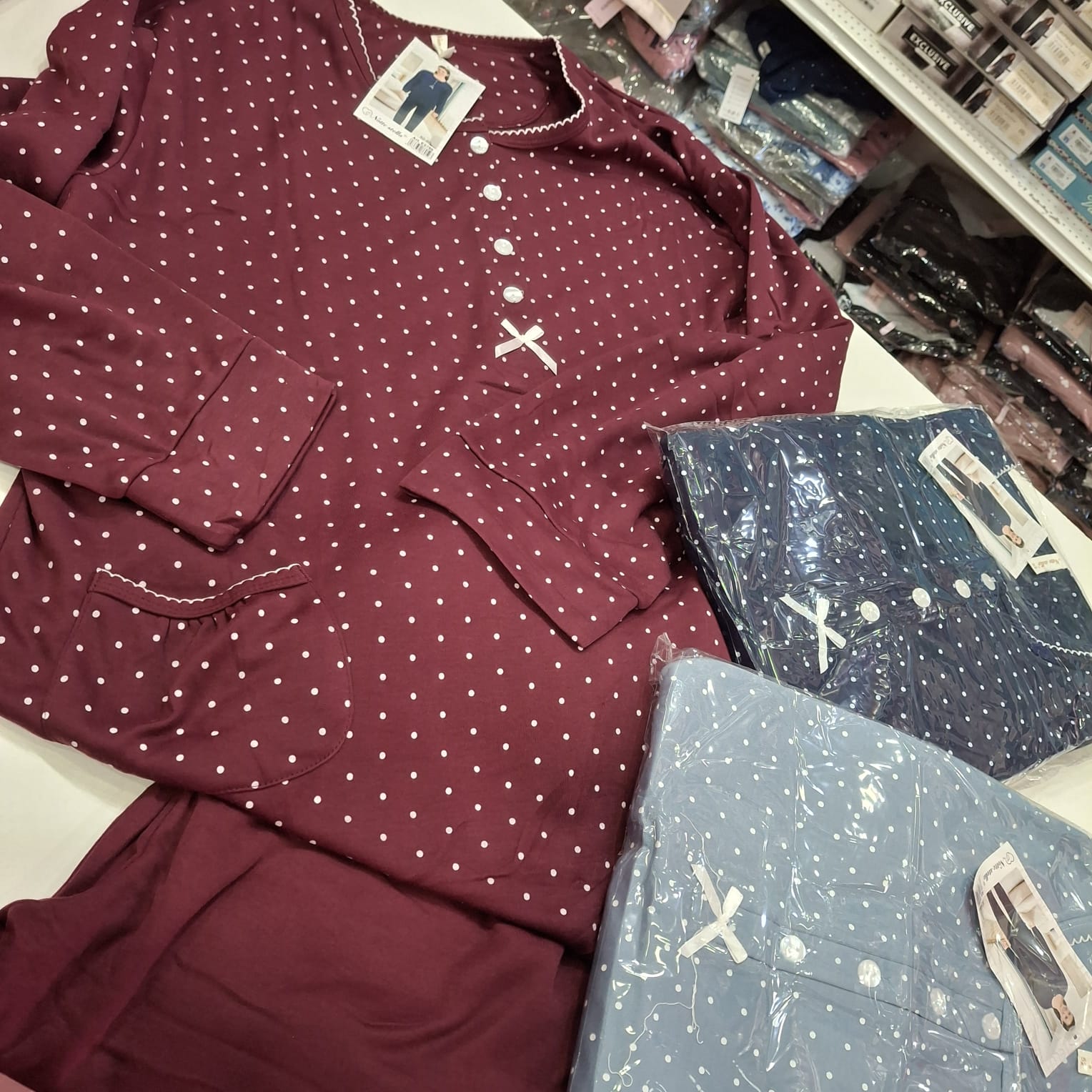 Pigiama cotone caldo felpato con taschino pois