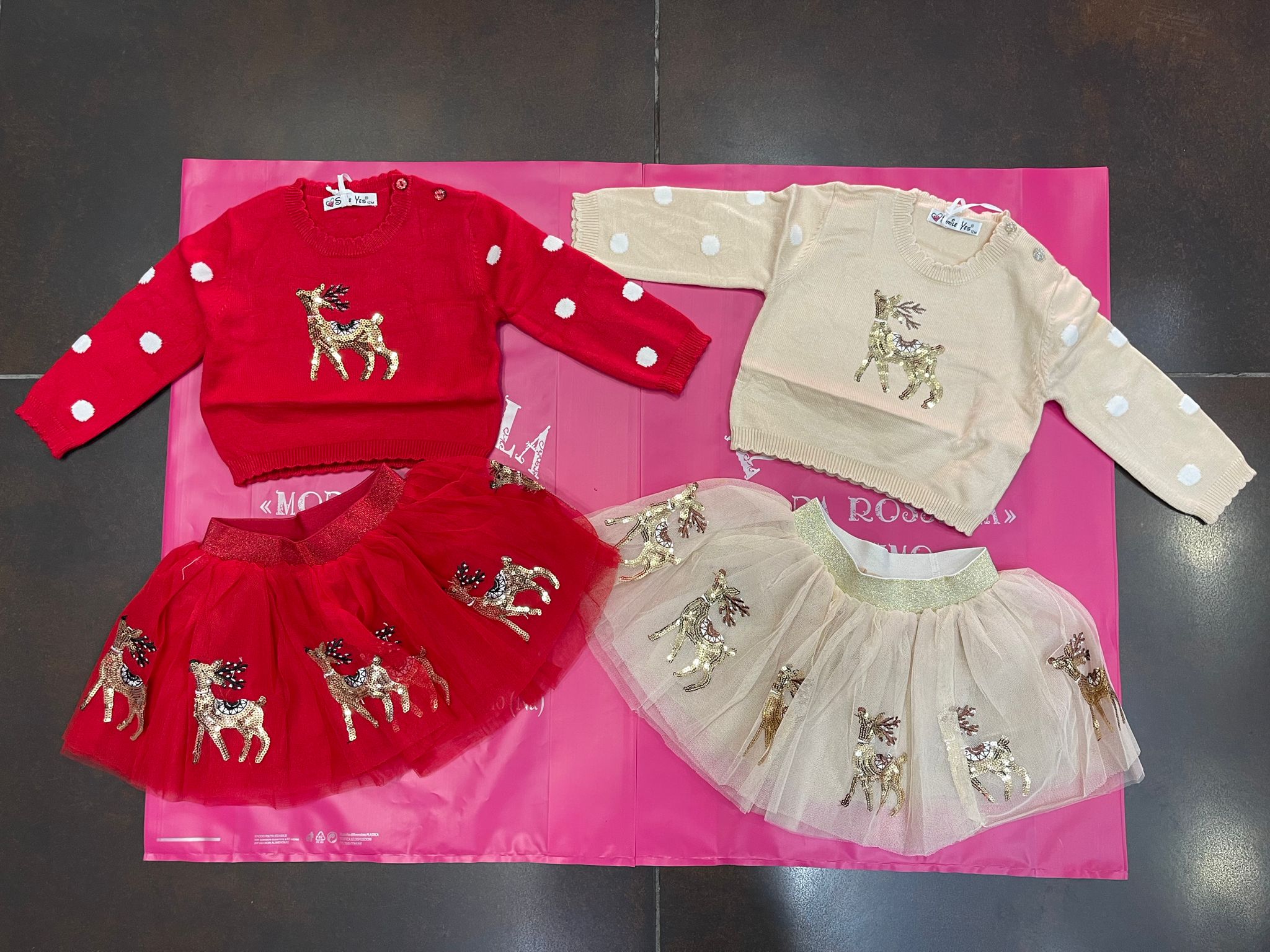 Completino gonna con maglioncino baby con renne paillettes