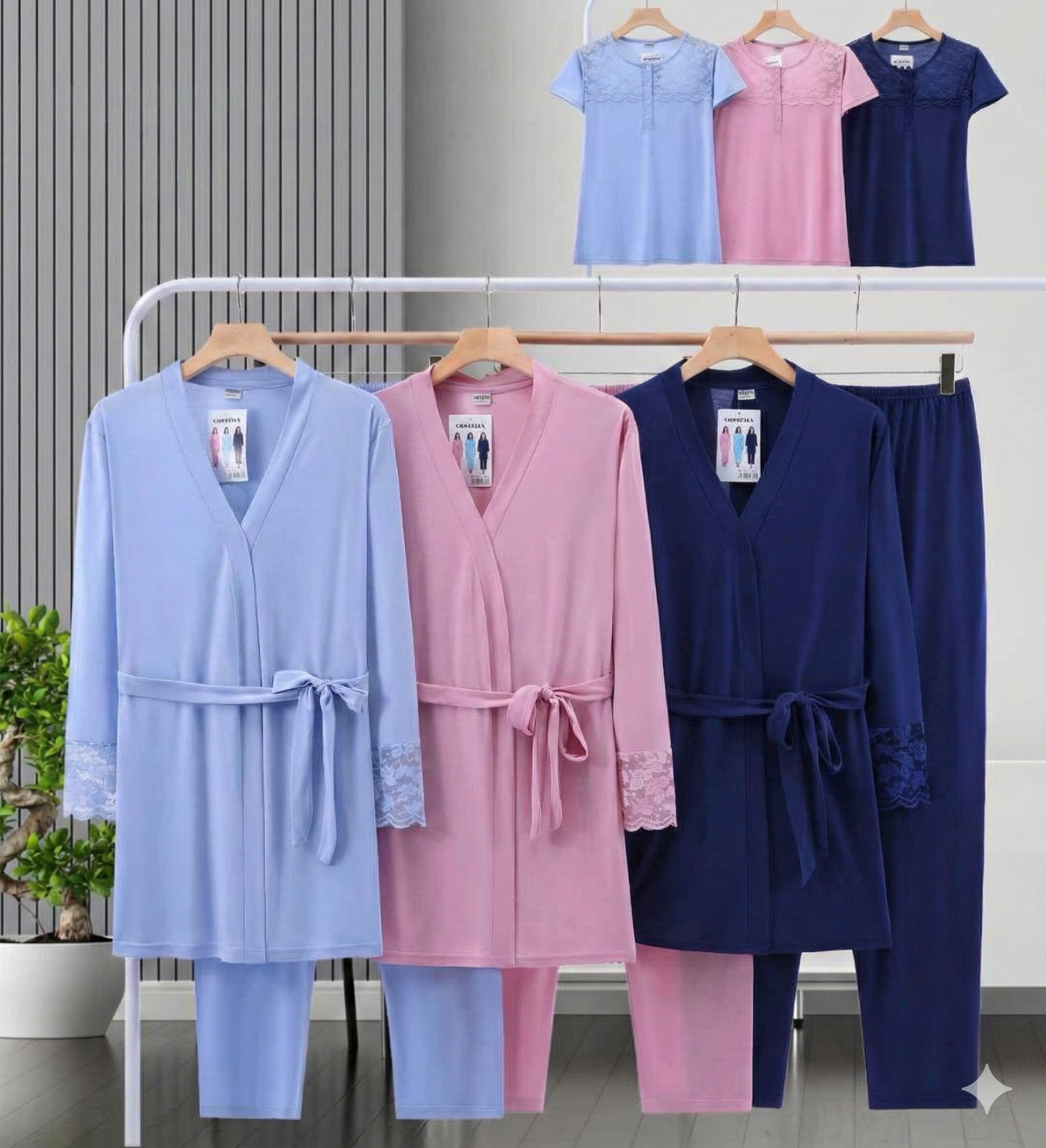 Pigiama donna tinta unita 3 pezzi in modal e pizzo