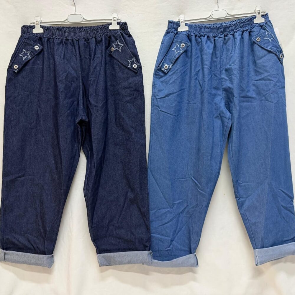 Jeans elastico in vita con decoro sulle tasche - chiaro