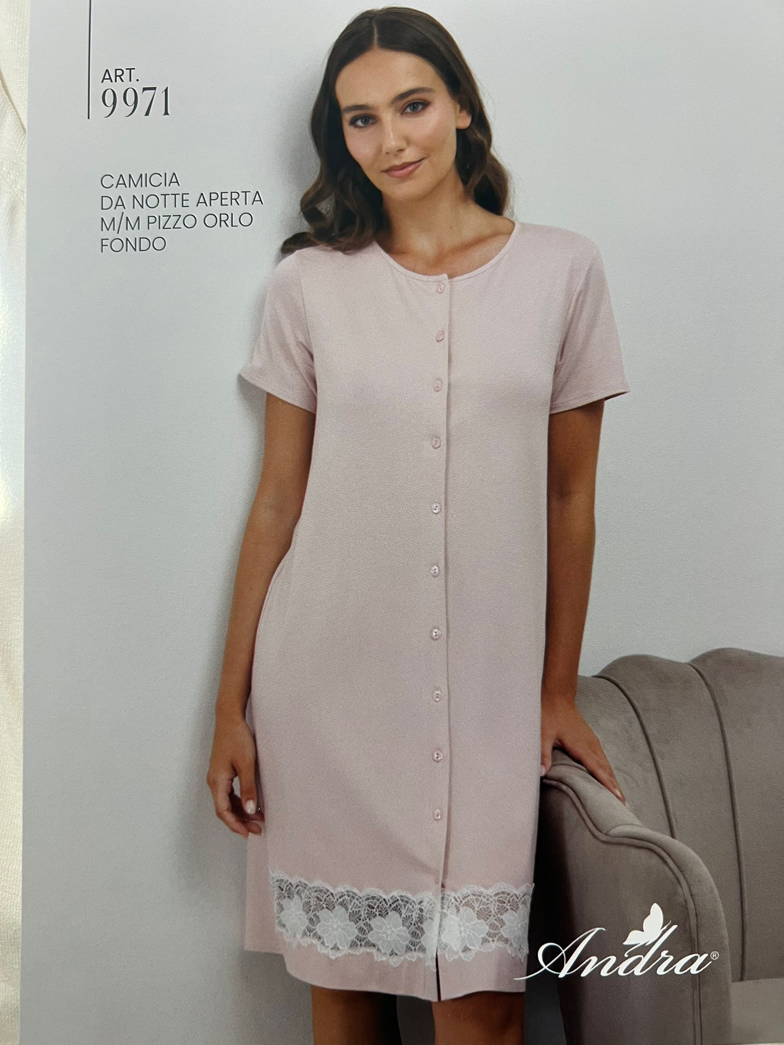 Camicia/vestaglia andra cotone-modal con inserto pizzo francese aperta