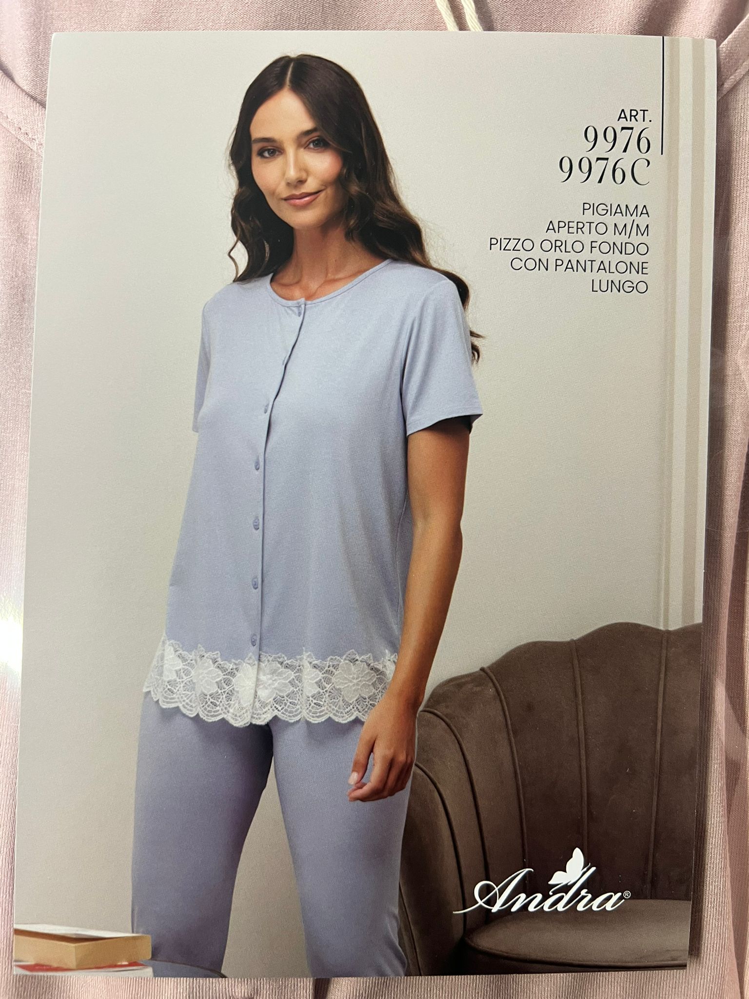 Pigiama cotone modal aperto avanti con pizzo francese andra art 9976