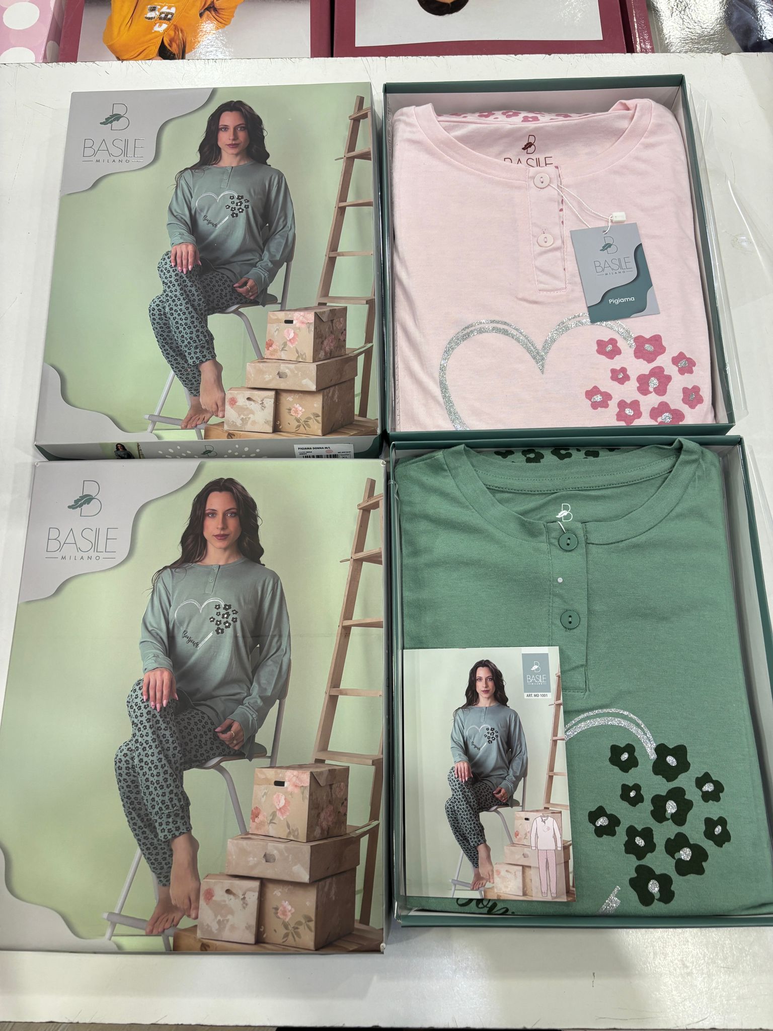 Pigiama basile donna dettaglio cuore/fiori cotone