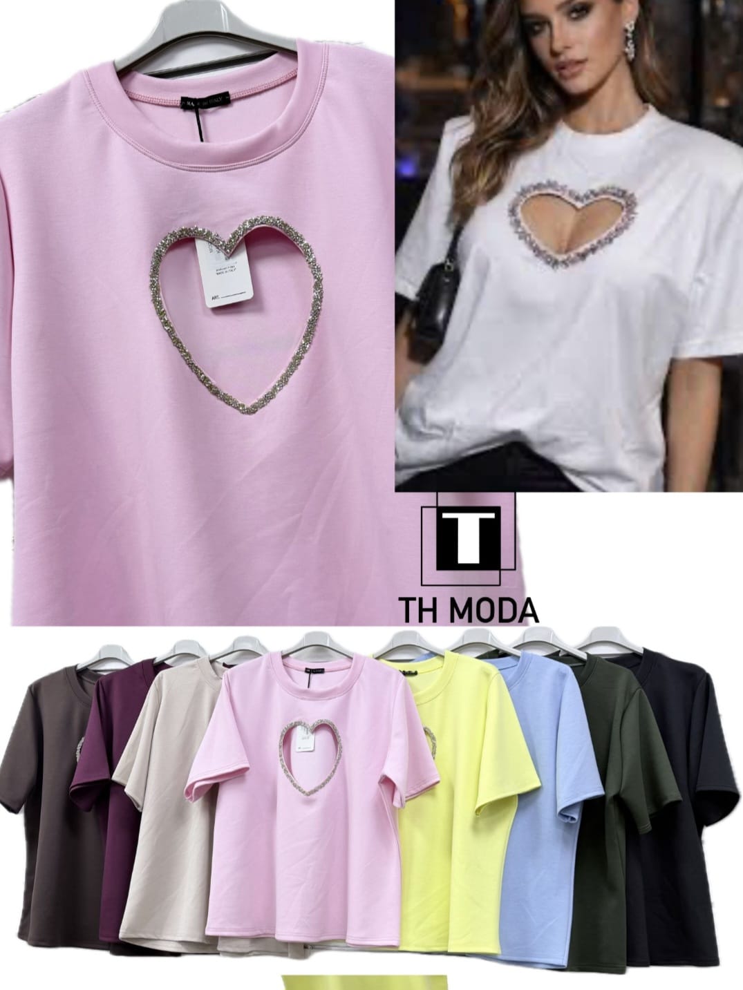 Maglia cuore aperto strass in modal