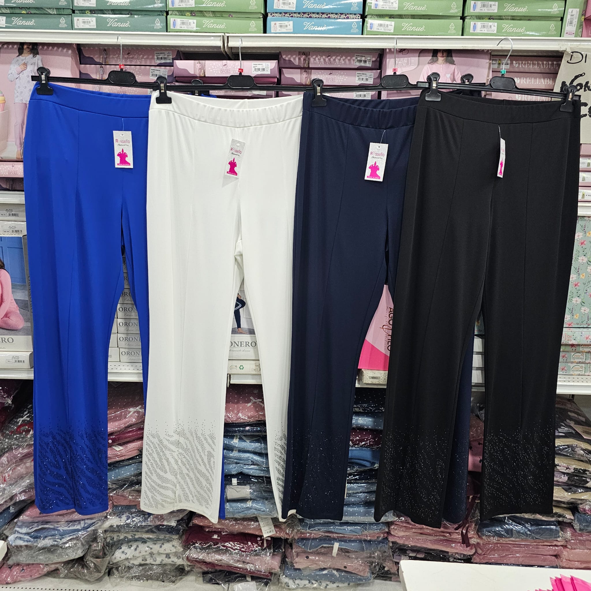 Novità pantalone in viscosa moda rossella con strass a zampa con spacco davanti