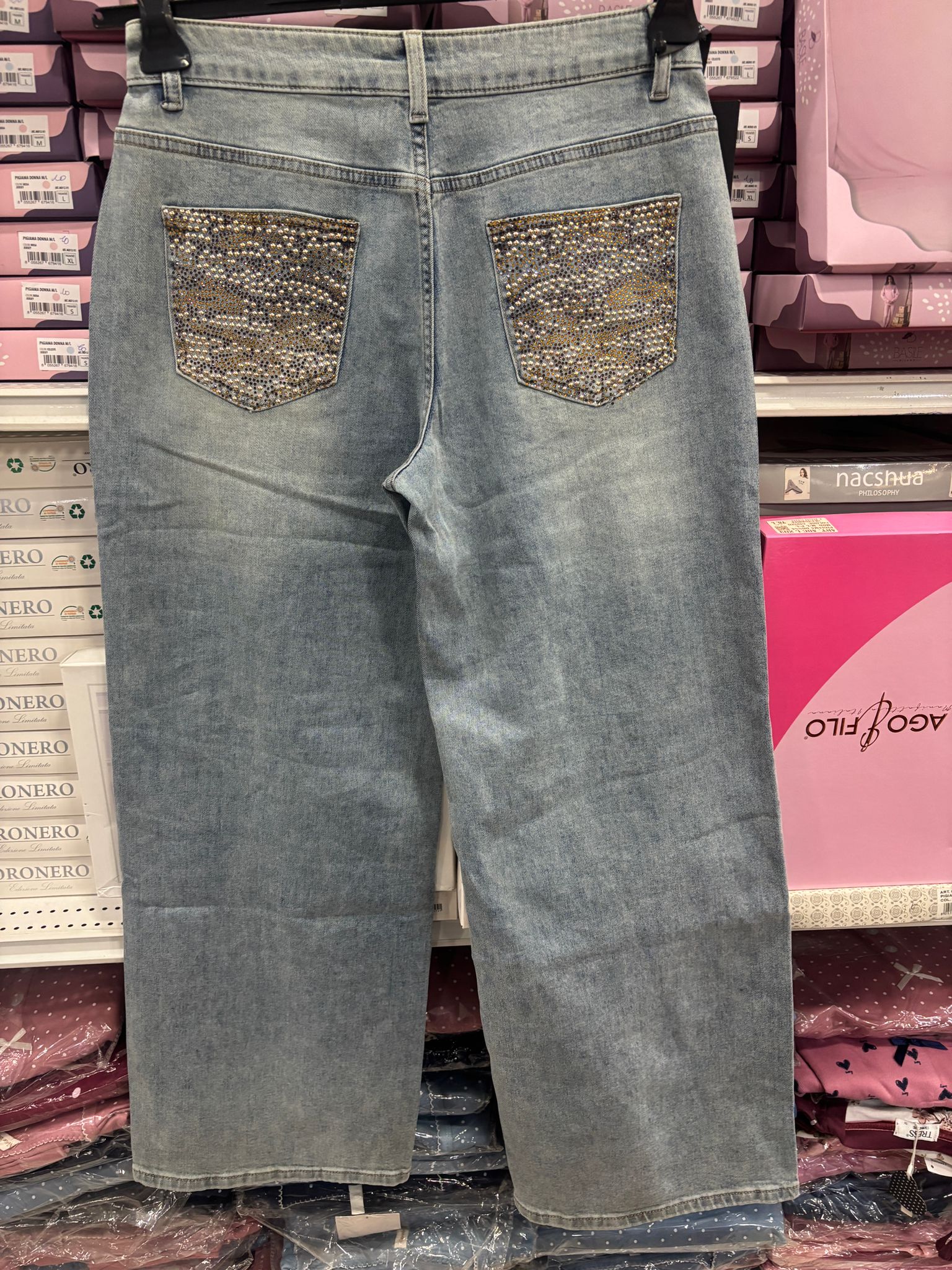 Jeans palazzo dettaglio tasche strass dietro vestibilita normale elasticizzato