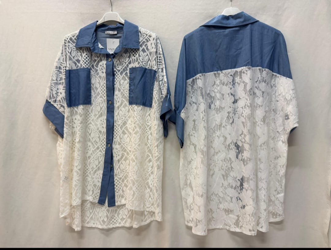 Camicia internamente in pizzo e intarsi di jeans