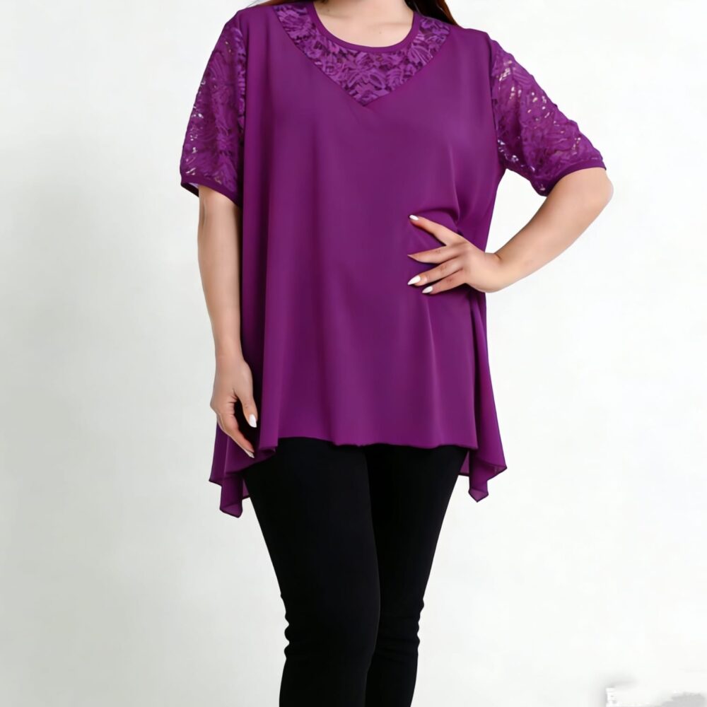 Casacca in viscosa e pizzo con dettaglio laterali più lunghi - burro